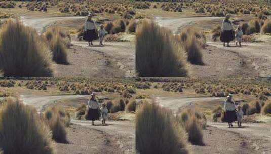 玻利维亚母亲牵着儿子在野外小路上步行高清在线视频素材下载