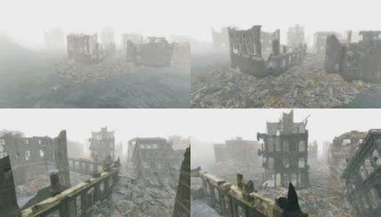 3D被战争炮火破坏的城市街景废墟场景镜头高清在线视频素材下载