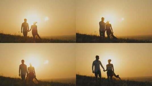 夕阳下散步的情侣高清在线视频素材下载