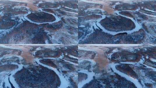 航拍寒冬湿地河湾雪景高清在线视频素材下载