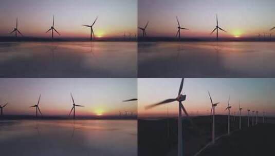 海边风车风力发电黄昏日落唯美航拍高清在线视频素材下载