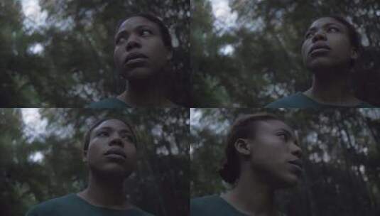 黑人女青年迷失在丛林电影感孤独恐惧情绪高清在线视频素材下载