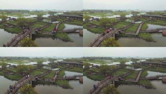 原创拍摄德清县下渚湖桥廊航拍游客高清在线视频素材下载