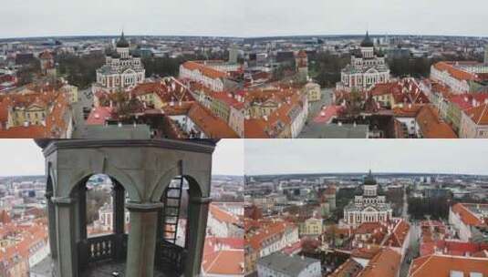 划过塔楼，航拍爱沙尼亚塔林中世纪老城高清在线视频素材下载