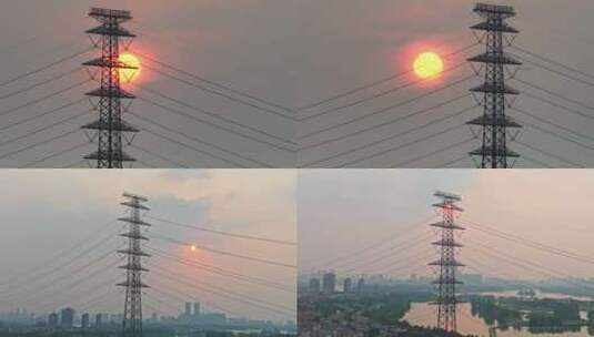 湖北武汉城市高压线电力线与太阳互动画面高清在线视频素材下载