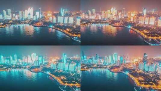 中国山东青岛五四广场海岸线夜景延时航拍高清在线视频素材下载