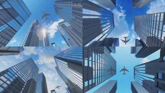 4K飞机从金融大楼楼顶飞过高清在线视频素材下载