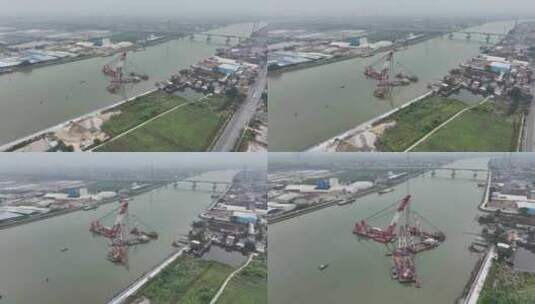 中国广东省广州市南沙区下横沥水道沉船打捞高清在线视频素材下载