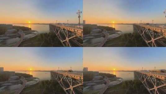 站在长江大桥桥头堡看江上壮丽日落高清在线视频素材下载