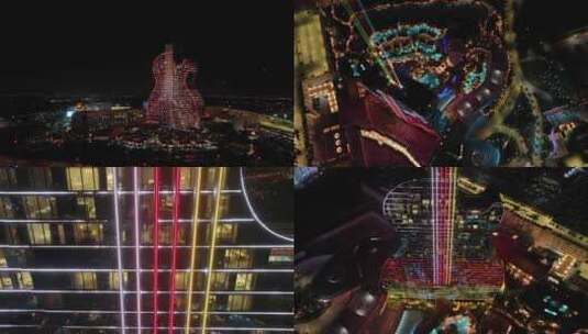 航拍迈阿密地标吉他酒店摩天大楼夜景灯光高清在线视频素材下载