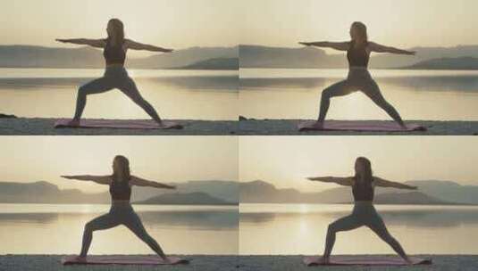 海洋边从事健康生活方式的女性剪影高清在线视频素材下载