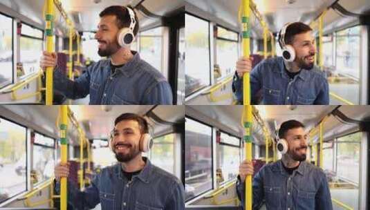 阳光明媚的公共汽车旅行中戴着耳机的微笑男高清在线视频素材下载