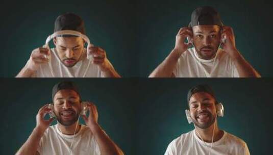 快乐的非裔美国人戴上耳机享受音乐高清在线视频素材下载