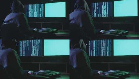 连帽衫男在电脑上黑客高清在线视频素材下载