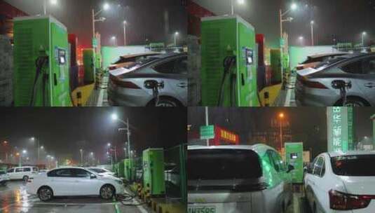 夜雨中充电的新能源汽车高清在线视频素材下载