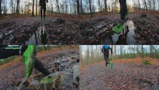 一个人在森林里跑步时踩在水坑里高清在线视频素材下载