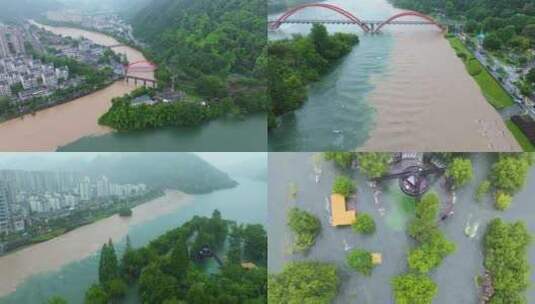 新安江泄洪月亮湾洪水淹没航拍合集高清在线视频素材下载