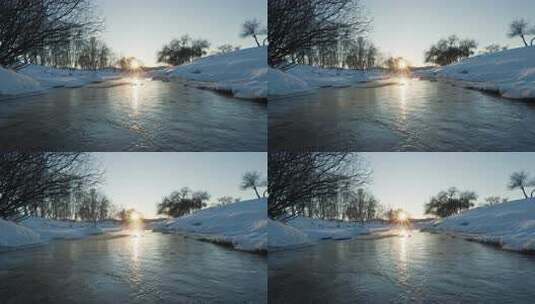 冬季冒雾气的河流雪地高清在线视频素材下载