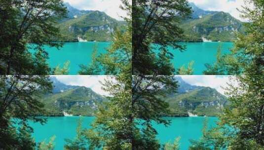 夏天山谷里的蓝色湖泊高清在线视频素材下载