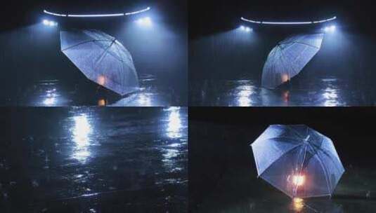 大雨里车灯前的伞高清在线视频素材下载