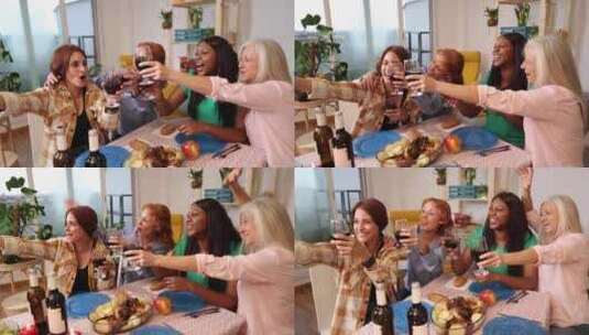 在充满活力的女性聚会上用红酒干杯高清在线视频素材下载