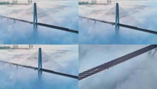 列车城轨驶入跨江大桥云雾缭绕大气震撼高清在线视频素材下载