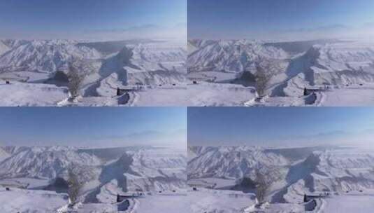 航拍新疆冬季安集海大峡谷红色山脉雪山河流高清在线视频素材下载