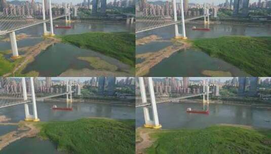 重庆长江油轮驶过大桥航拍高清在线视频素材下载