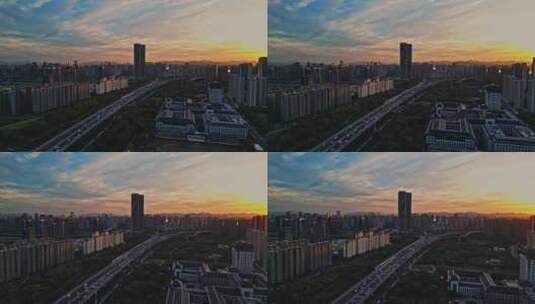 航拍杭州机场高架车流城市晚霞风光高清在线视频素材下载