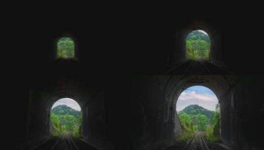 火车洞第一视角火车隧道出火车隧道路铁轨高清在线视频素材下载