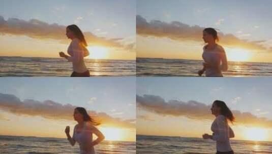 一个好身材女孩在海滩上跑步高清在线视频素材下载