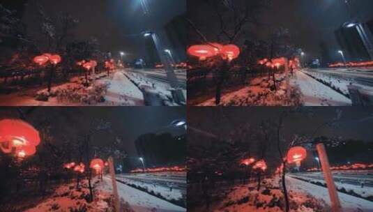 穿越机 郑州东区雪景 夜晚 灯笼 春节高清在线视频素材下载
