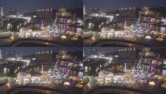大连游乐场夜景航拍星海广场游乐园高清在线视频素材下载