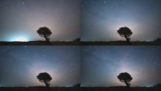 草原上孤独一棵树背景星空银河延时高清在线视频素材下载