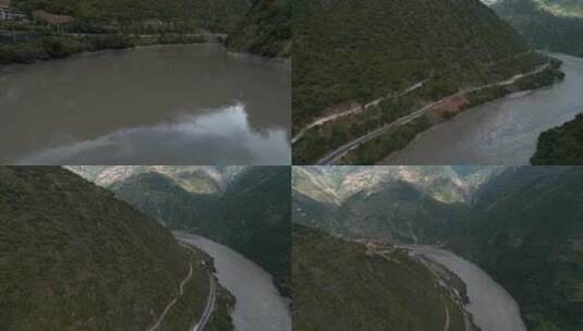 4k江河水视频怒江江水江边的公路两岸高山高清在线视频素材下载