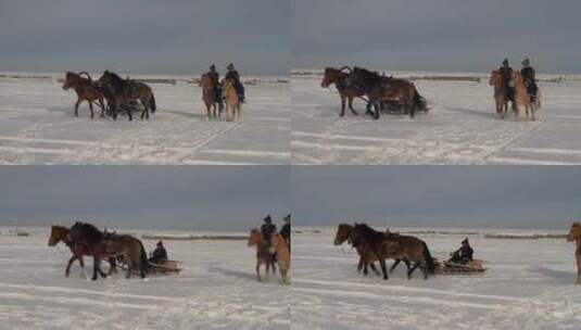 布里亚特牧民骑马在雪原的风雪中高清在线视频素材下载