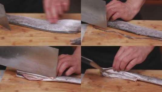 【镜头合集】厨师切带鱼去内脏  (1)高清在线视频素材下载