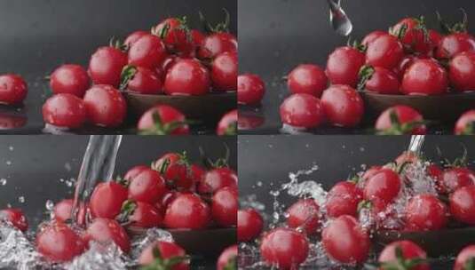慢镜头拍摄清水冲洗碗里新鲜爆浆小番茄高清在线视频素材下载