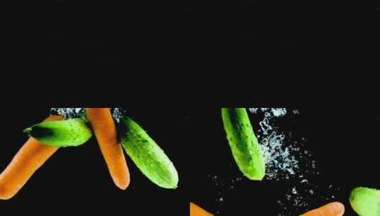 高速拍摄落入水中的黄瓜胡萝卜高清在线视频素材下载