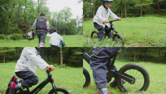 小孩在公园学习骑自行车高清在线视频素材下载