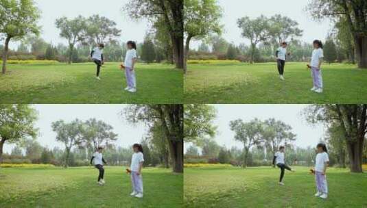 夏天在公园一起玩踢毽子游戏的中国母女高清在线视频素材下载
