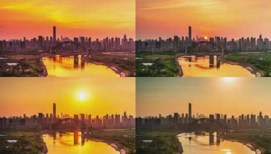 武汉城市建筑地标日出朝霞汉江湾桥梁延时高清在线视频素材下载