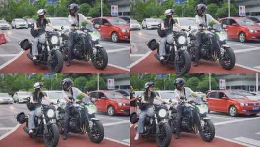 情侣骑摩托车机车等红绿灯高清在线视频素材下载