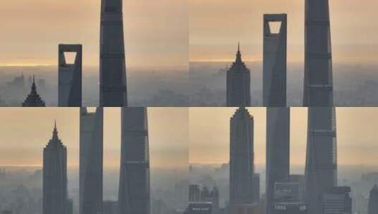 上海三件套清晨航拍高清在线视频素材下载