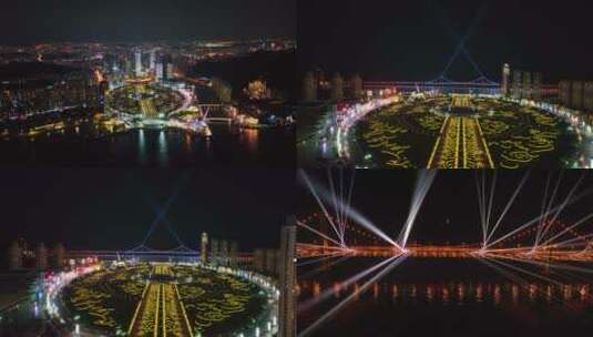大连星海湾夜景航拍 跨海大桥灯光秀高清在线视频素材下载