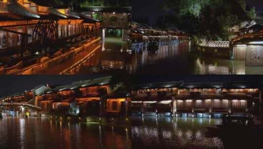 浙江嘉兴乌镇西栅建筑划船夜景4K风景视频高清在线视频素材下载