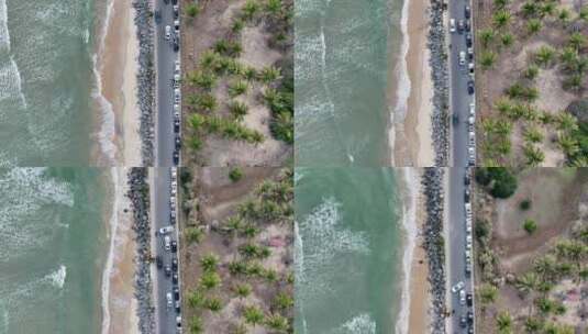 海边公路沙滩海浪椰树林航拍俯瞰高清在线视频素材下载