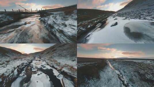 FPV穿越机无人机航拍冬天雪地河流户外山川高清在线视频素材下载