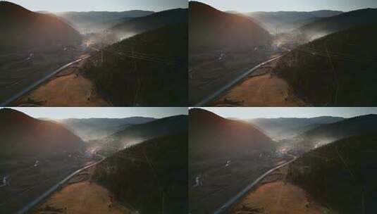 西藏旅游风光晨雾芒康县城318国道高清在线视频素材下载