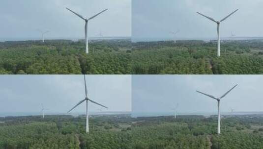 航拍海边森林和风能风力发电高清在线视频素材下载